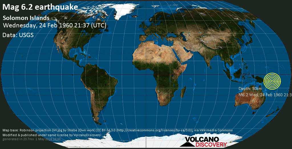 Strong mag. 6.2 earthquake - Alu Island, Solomon Islands, on Wednesday, February 24, 1960 at 21:37 GMT