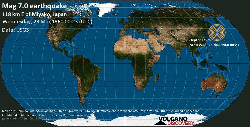 Major mag. 7.0 earthquake - Off the East Coast of Honshu, Japan on Wednesday, 23 March 1960