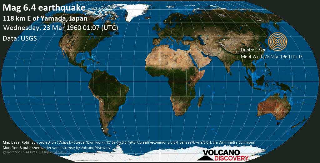 Very strong mag. 6.4 earthquake - 119 km east of Miyako, Iwate, Japan, on Wednesday, March 23, 1960 at 01:07 GMT