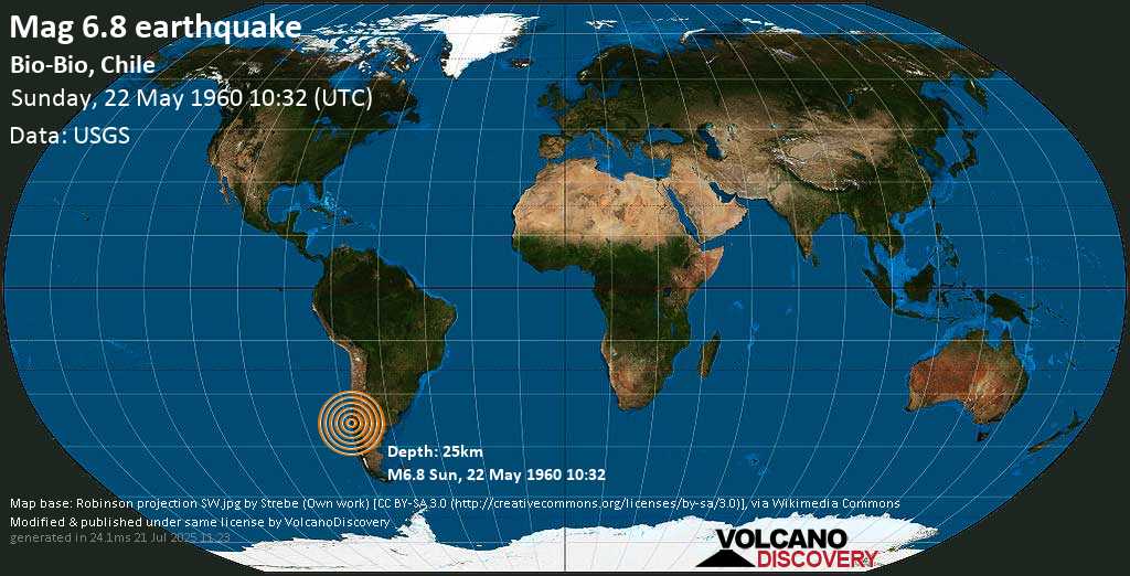 Very strong mag. 6.8 earthquake - Arauco, 23 km east of Kanyete, Provincia de Arauco, Region del Biobio, Chile, on Sunday, 22 May 1960 at 10:32 (GMT)
