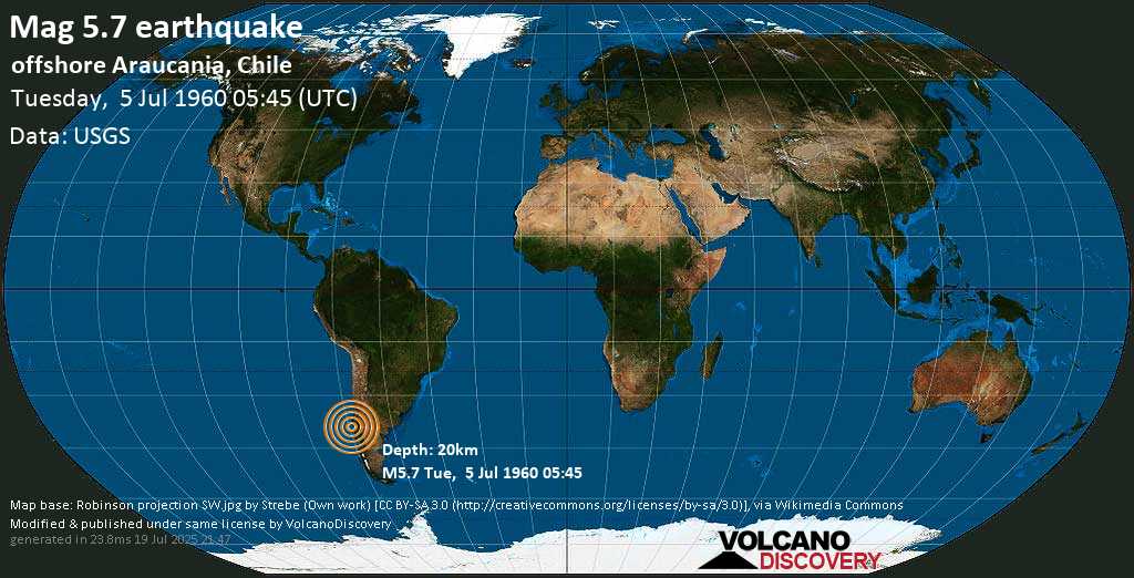 Strong mag. 5.8 earthquake - South Pacific Ocean, 40 km northwest of Carahue, Provincia de Cautin, Region de la Araucania, Chile, on Tuesday, 5 July 1960 at 05:45 (GMT)