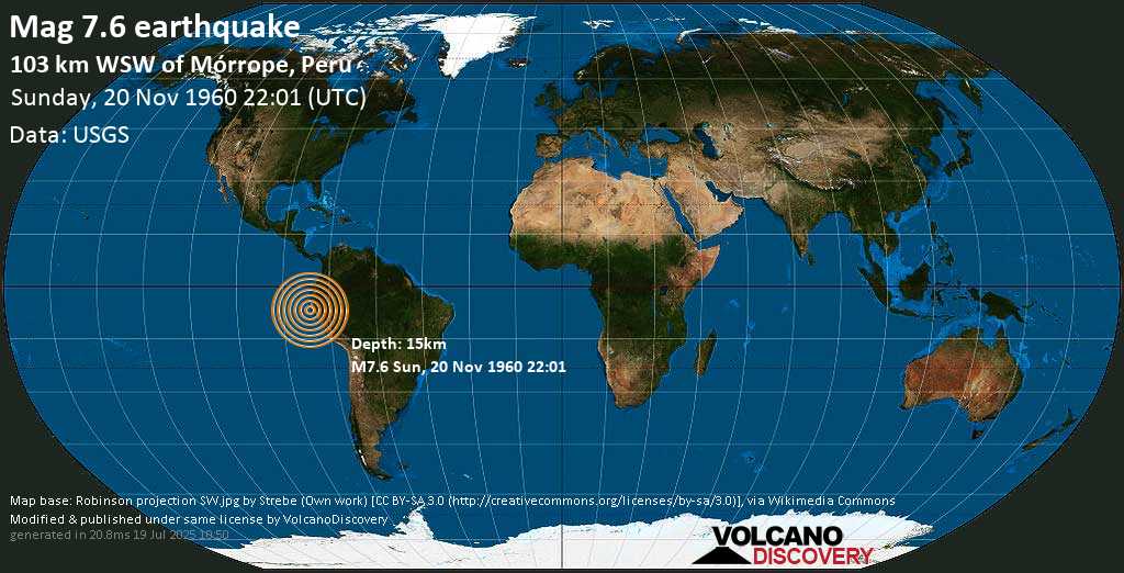 Major magnitude 7.6 earthquake - South Pacific Ocean, 119 km west of Chiclayo, Lambayeque, Peru, on Sunday, November 20, 1960 at 22:01 (GMT)