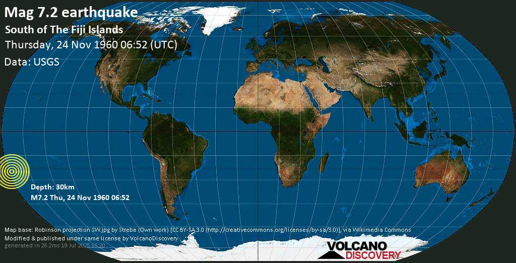 Major mag. 7.2 earthquake - South of the Fiji Islands on Thursday, 24 November 1960