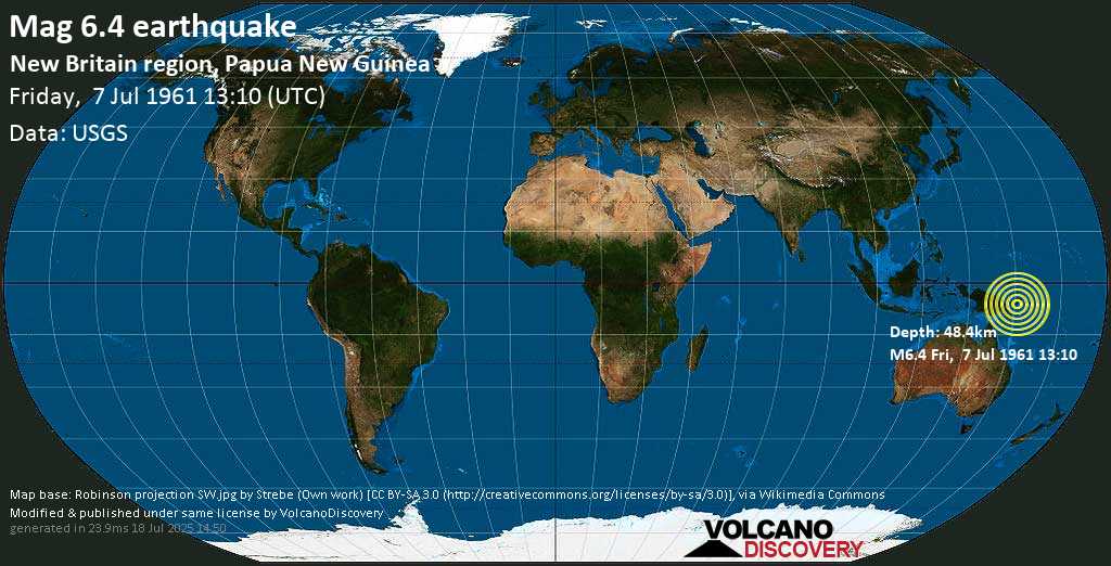 Strong mag. 6.5 earthquake - 65 km southwest of Kimbe, Papua New Guinea, on Friday, 7 July 1961 at 13:10 (GMT)