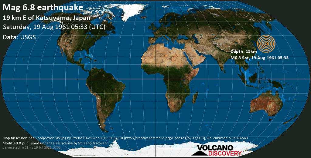 Major magnitude 6.8 earthquake - Hakusan Shi, Ishikawa, 19 km east of Katsuyama, Fukui, Japan, on Saturday, August 19, 1961 at 05:33 (GMT)