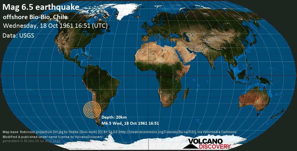 Very strong mag. 6.6 earthquake - South Pacific Ocean, 10.9 km west of Talcahuano, Provincia de Concepcion, Region del Biobio, Chile, on Wednesday, 18 October 1961 at 16:51 (GMT)