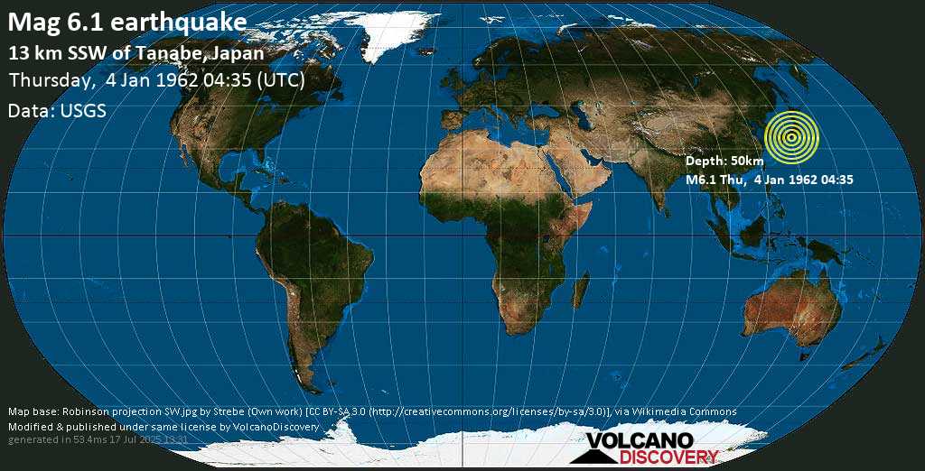 Strong mag. 6.2 earthquake - Philippines Sea, 13 km south of Tanabe, Wakayama, Japan, on Thursday, 4 January 1962 at 04:35 (GMT)