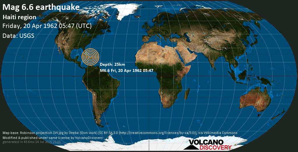 Strong mag. 6.6 earthquake - North Atlantic Ocean, 69 km north of Cap-Haïtien, Okap, Nord, Haiti, on Friday, 20 April 1962 at 05:47 (GMT)