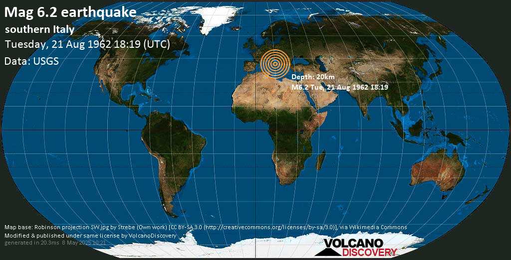 Very strong mag. 6.2 earthquake - 3.2 km southwest of Montecalvo Irpino, Provincia di Avellino, Campania, Italy, on Tuesday, August 21, 1962 at 18:19 GMT