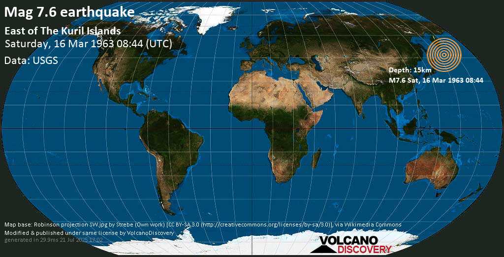 Major mag. 7.2 earthquake - East of the Kuril Islands (Russia) on Saturday, 16 March 1963 at 08:44 (GMT)