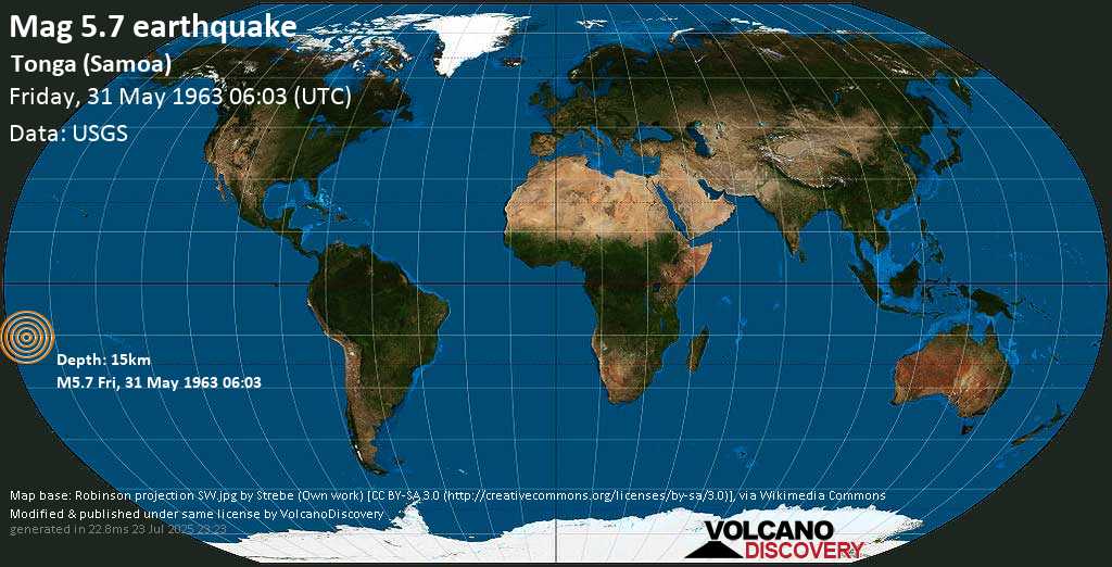 Moderate mag. 5.8 earthquake - South Pacific Ocean, 223 km southwest of Apia, Tuamasaga, Samoa, on Friday, 31 May 1963 at 06:03 (GMT)