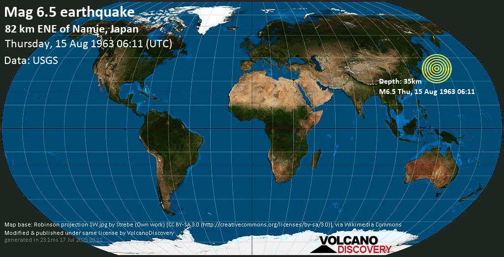 Very strong mag. 6.5 earthquake - North Pacific Ocean, 95 km southeast of Sabusawa-jima Island, Japan, on Thursday, August 15, 1963 at 06:11 (GMT)