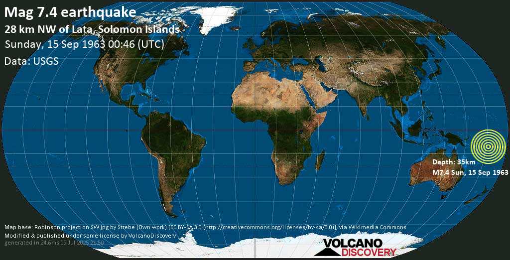 Major mag. 7.4 earthquake - Santa Cruz Islands (Solomon Islands) on Sunday, 15 September 1963