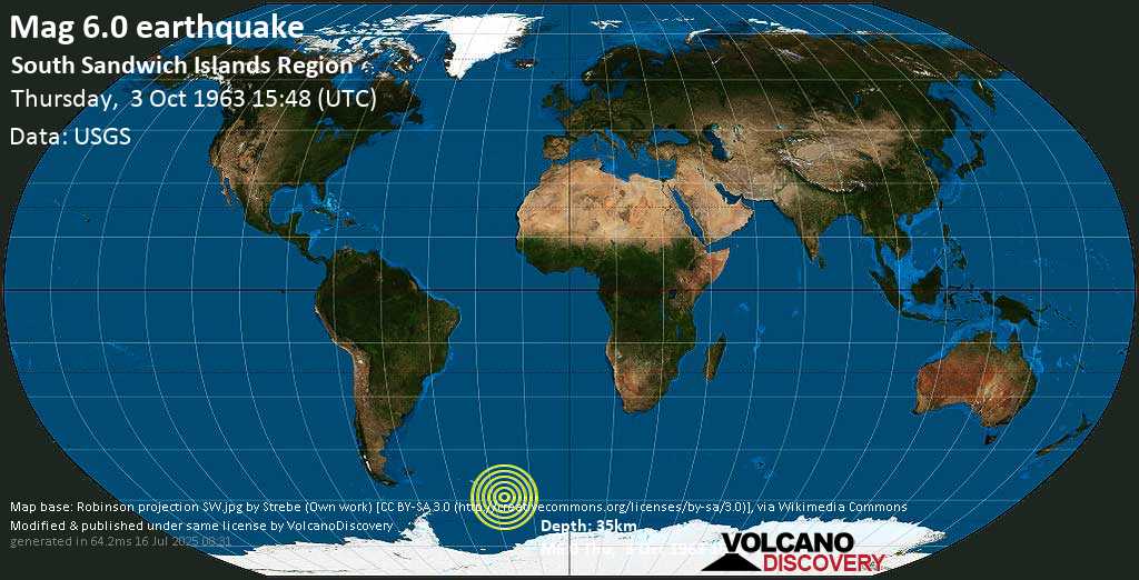 Strong mag. 6.0 earthquake - South Atlantic Ocean, South Georgia & South Sandwich Islands, on Thursday, 3 October 1963 at 15:48 (GMT)