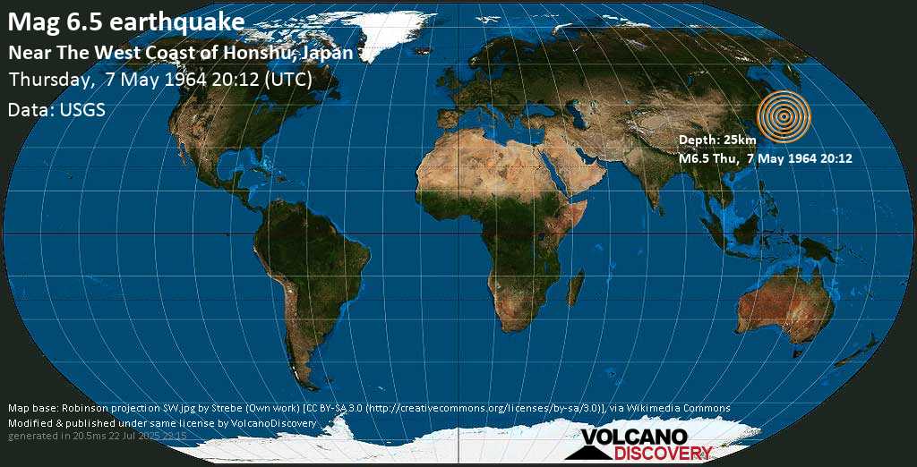 Very strong mag. 6.5 earthquake - Japan Sea, 88 km west of Noshiro, Akita, Japan, on Thursday, 7 May 1964 at 20:12 (GMT)