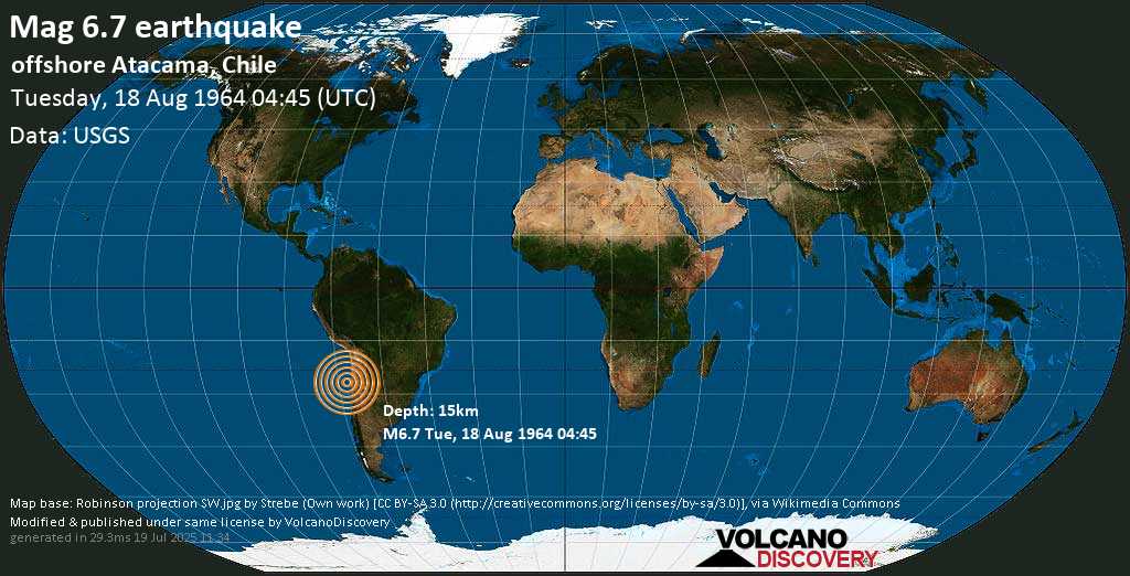 Strong mag. 6.7 earthquake - Offshore Atacama, Chile on Tuesday, 18 August 1964