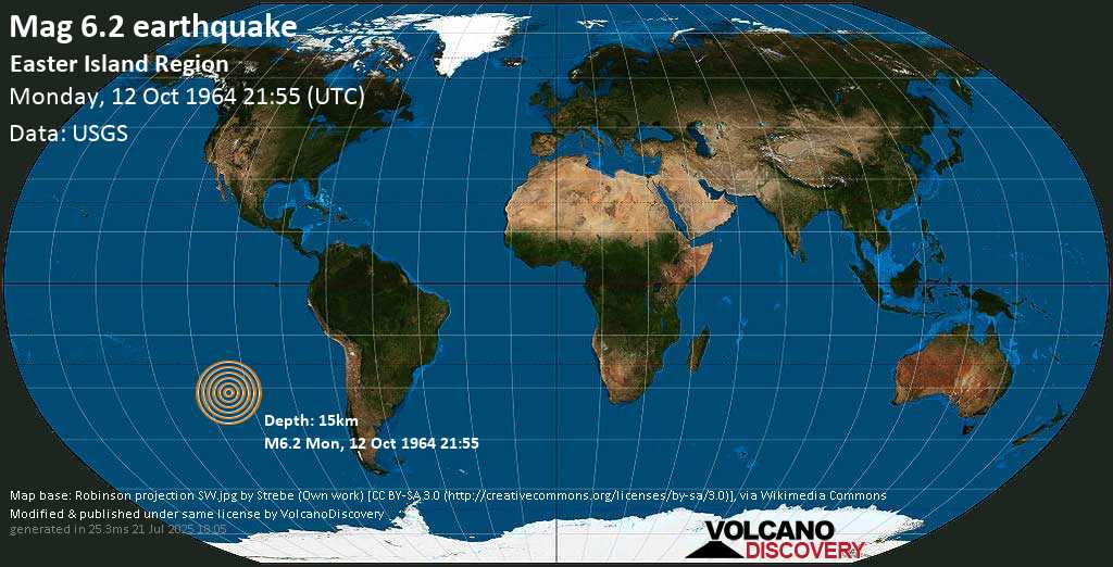 Strong mag. 6.2 earthquake - South Pacific Ocean on Monday, 12 October 1964 at 21:55 (GMT)