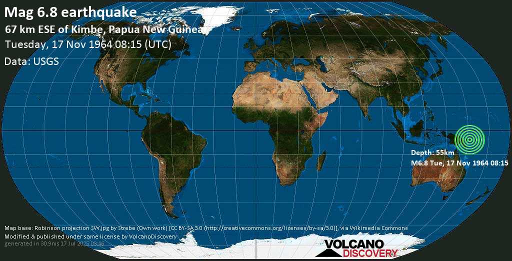 Strong mag. 6.8 earthquake - East New Britain Province, 67 km east of Kimbe, Papua New Guinea, on Tuesday, 17 November 1964 at 08:15 (GMT)