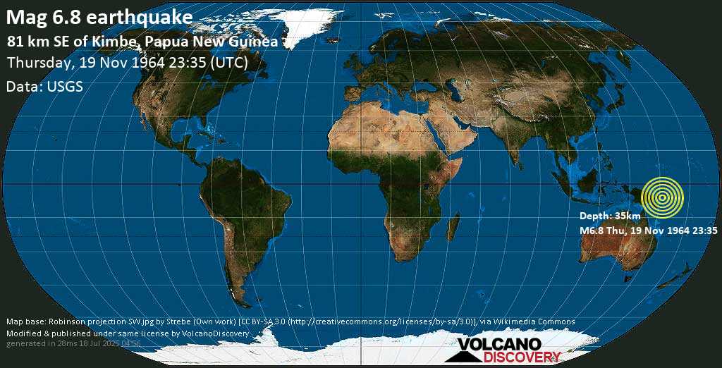 Strong mag. 6.8 earthquake - East New Britain Province, 82 km southeast of Kimbe, Talasea District, West New Britain Province, Papua New Guinea, on Thursday, 19 November 1964 at 23:35 (GMT)