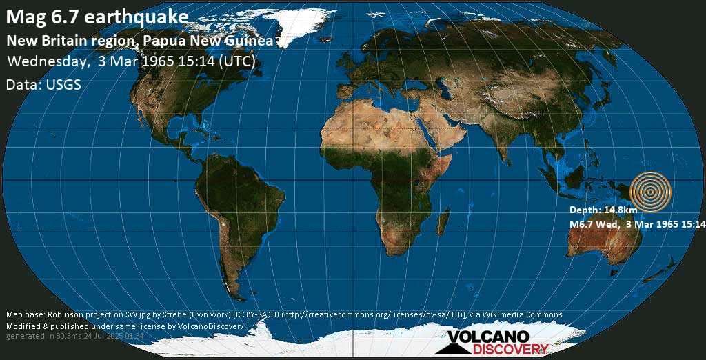 Strong mag. 6.7 earthquake - 139 km south of Kokopo, East New Britain Province, Papua New Guinea, on Wednesday, 3 March 1965 at 15:14 (GMT)