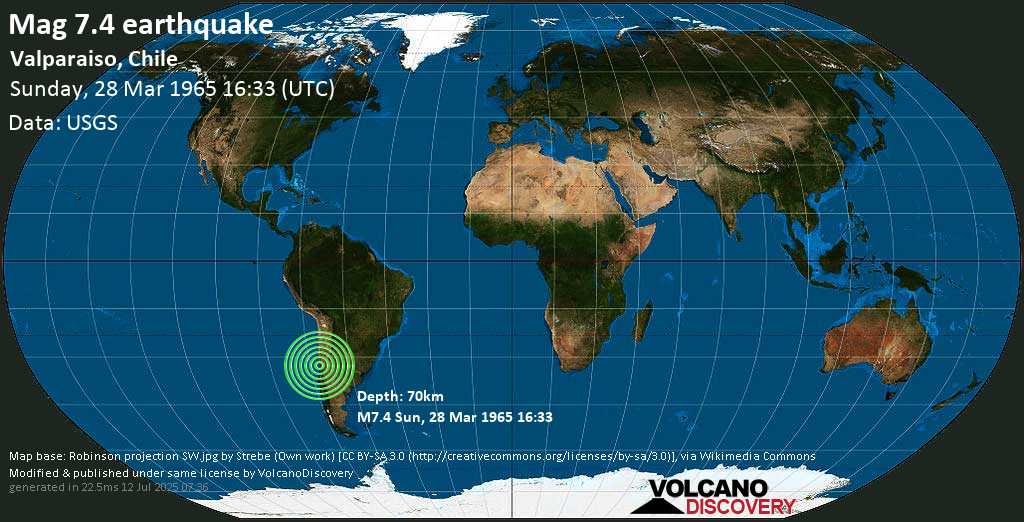 Major mag. 7.4 earthquake - Valparaiso, Chile on Sunday, 28 March 1965