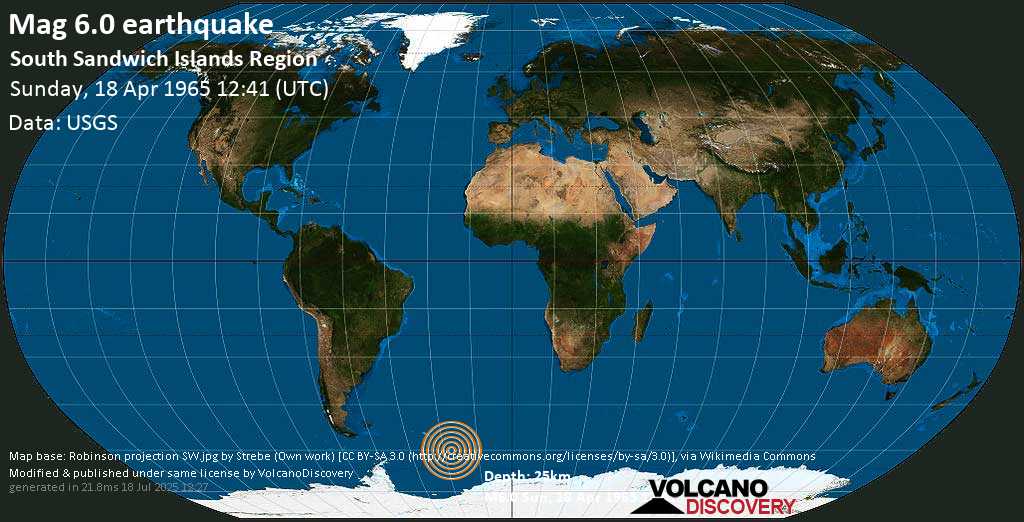 Strong mag. 6.1 earthquake - South Atlantic Ocean, South Georgia & South Sandwich Islands, on Sunday, 18 April 1965 at 12:41 (GMT)