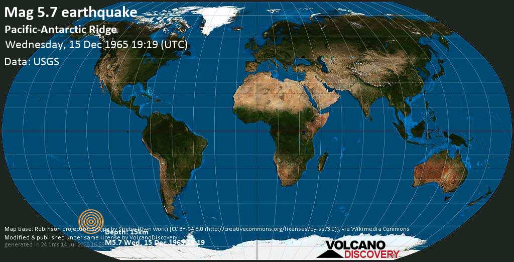 Moderate mag. 5.8 earthquake - South Pacific Ocean on Wednesday, 15 December 1965 at 19:19 (GMT)
