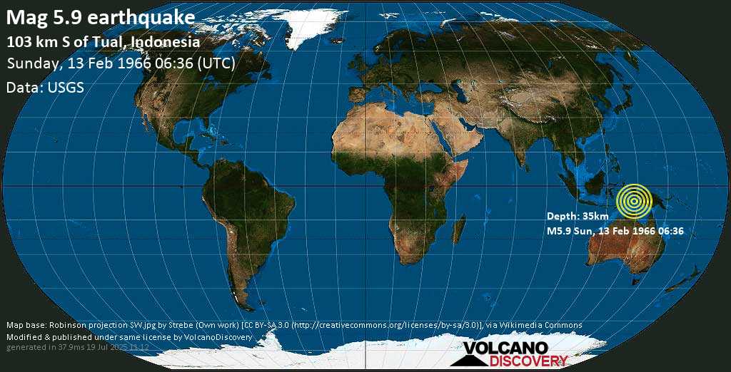 Strong mag. 6.0 earthquake - Kepulauan Tanimbar, Indonesia, on Sunday, 13 February 1966 at 06:36 (GMT)
