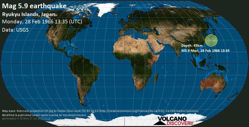Strong mag. 6.0 earthquake - Ryukyu Islands, Japan, on Monday, 28 February 1966 at 13:35 (GMT)
