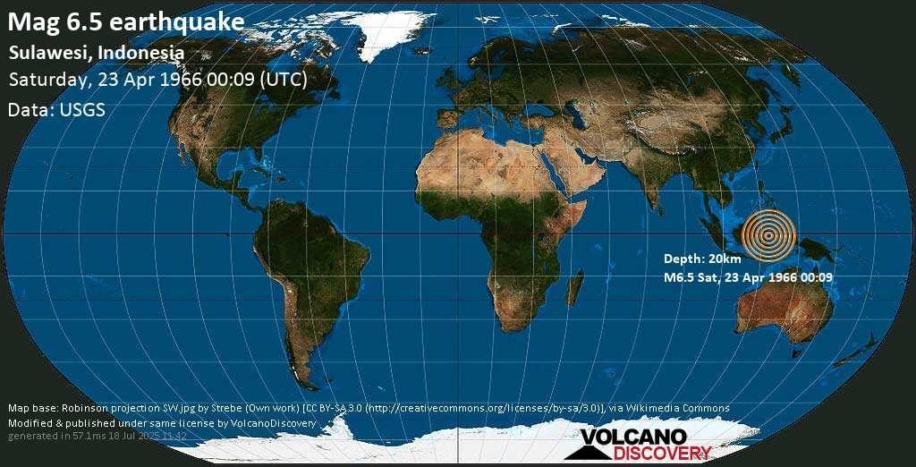 Strong mag. 6.5 earthquake - Teluk Tomini, 45 km southeast of Pulau Togean Island, Central Sulawesi, Indonesia, on Saturday, 23 April 1966 at 00:09 (GMT)