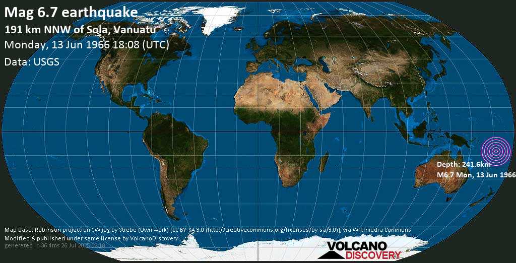 Strong mag. 6.7 earthquake - Coral Sea, Solomon Islands, on Monday, 13 June 1966 at 18:08 (GMT)