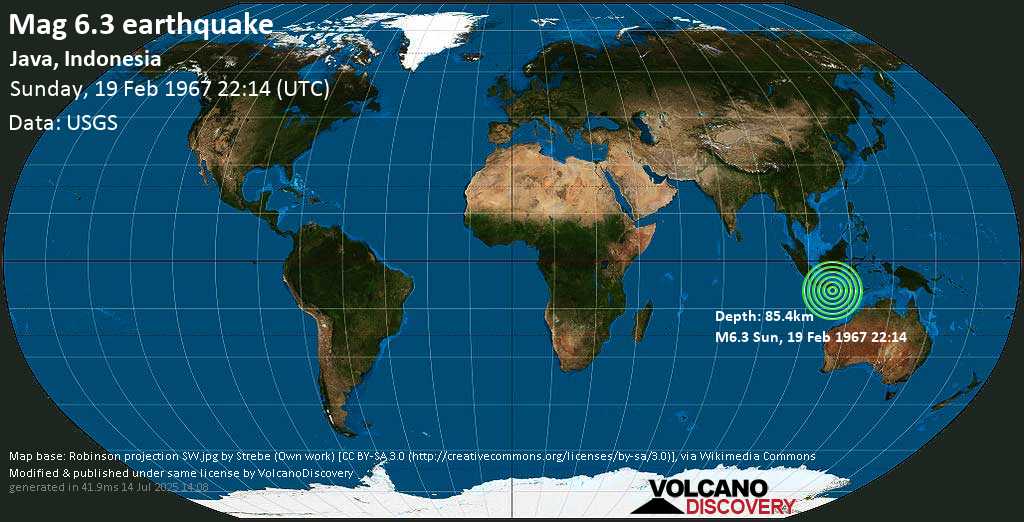 Forte terremoto magnitudine 6.3 - Indian Ocean, 65 km a sud ovest da Nusa Barung , Giava Orientale, Indonesia, domenica, 19 febbraio 1967
