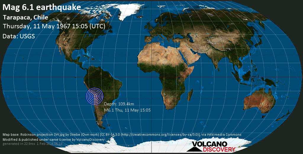 Quake Info Strong Mag 6 1 Earthquake Tamarugal 139 Km East Of Iquique Tarapaca Chile On Thursday May 11 1967 At 15 05 Gmt Volcanodiscovery