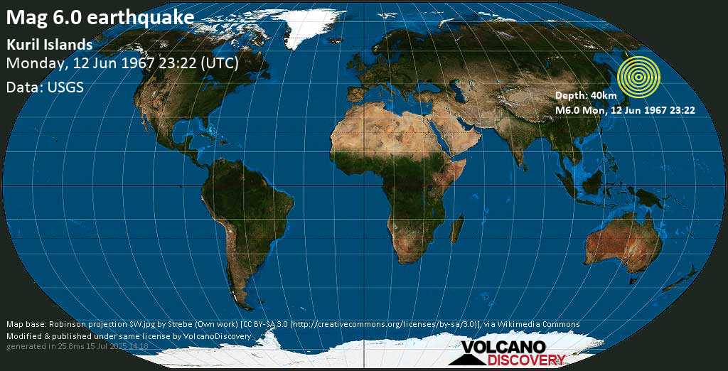 Strong mag. 6.0 earthquake - North Pacific Ocean, 364 km southwest of Severo-Kuril\'sk, Sakhalin Oblast, Russia, on Monday, 12 June 1967 at 23:22 (GMT)