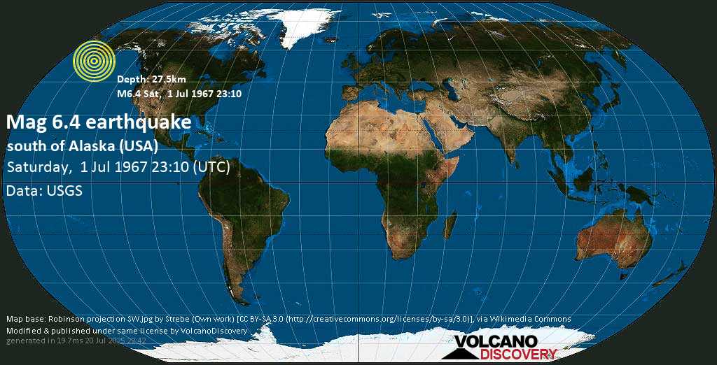 Strong mag. 6.5 earthquake - North Pacific Ocean, 117 mi southeast of Sand Point, Aleutians East County, Alaska, USA, on Saturday, 1 July 1967 at 23:10 (GMT)