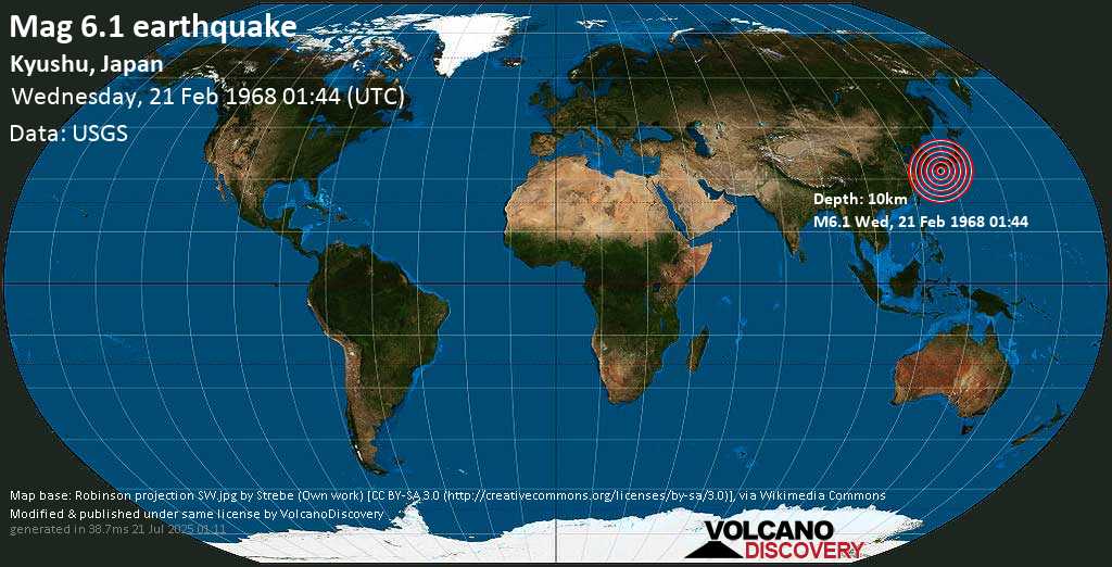 Strong mag. 6.2 earthquake - Kyushu, Japan on Wednesday, 21 February 1968