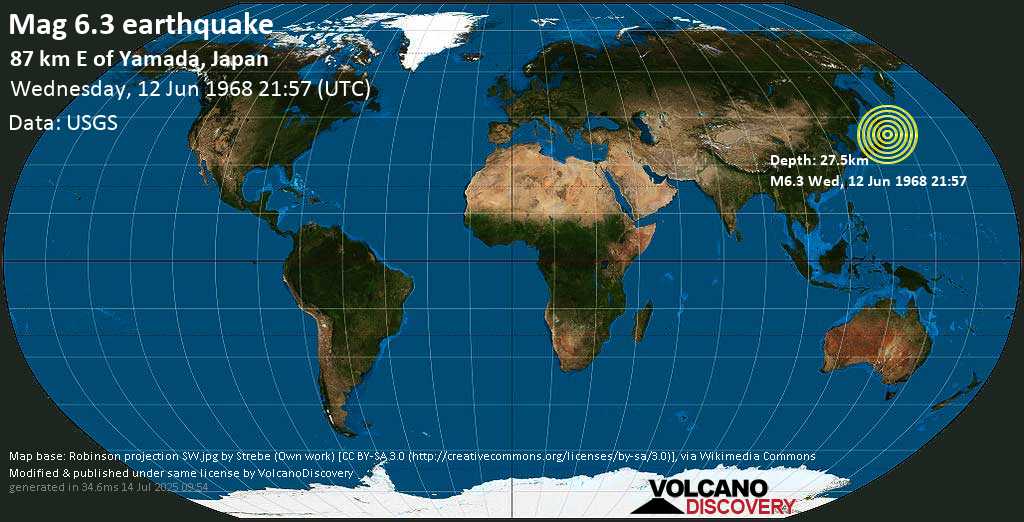 Strong mag. 6.3 earthquake - North Pacific Ocean, 5 km northeast of Tokyo, Japan, on Wednesday, 12 June 1968 at 21:57 (GMT)