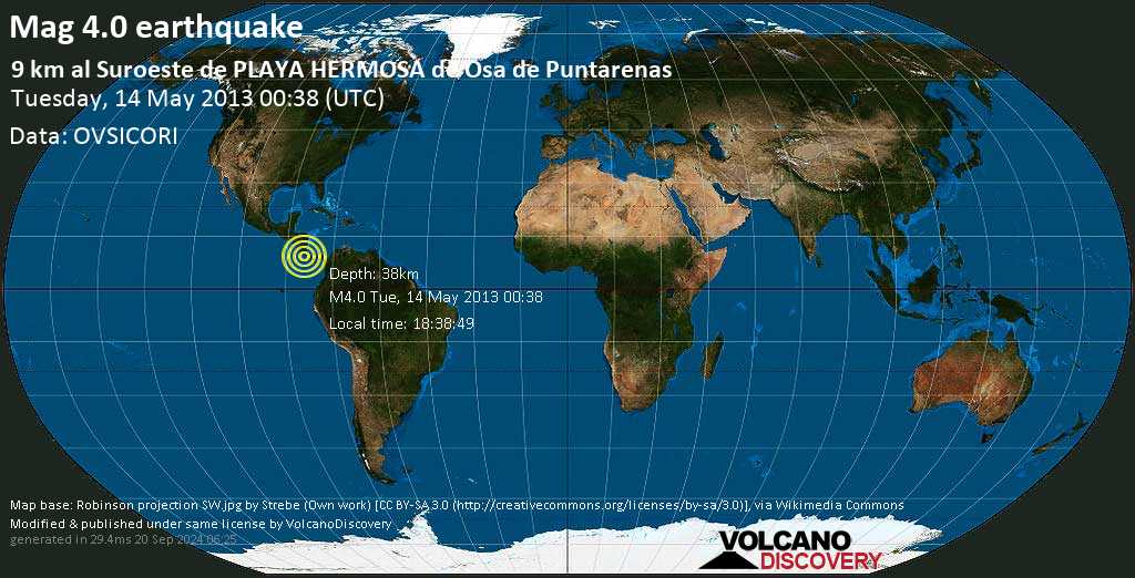 Informe Terremoto Terremoto Magnitud 4 0 Martes 14 Mayo 13 00 38 Utc 9 Km Al Suroeste De Playa Hermosa De Osa De Puntarenas Volcanodiscovery