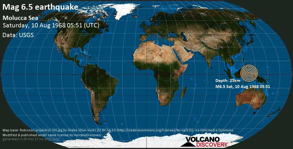 Strong mag. 6.5 earthquake - Molucca Sea (Indonesia) on Saturday, 10 August 1968