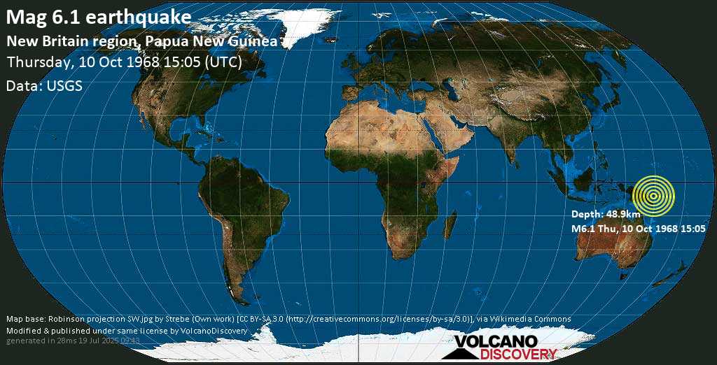 Strong mag. 6.1 earthquake - New Britain Region, Papua New Guinea on Thursday, 10 October 1968