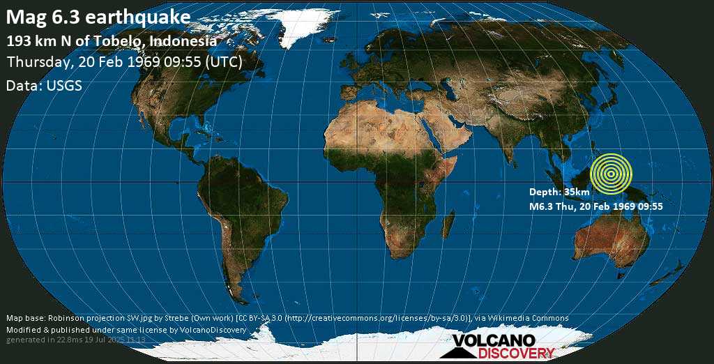 Strong mag. 6.3 earthquake - Philippines Sea, 318 km north of Ternate, Maluku Utara, Indonesia, on Thursday, 20 February 1969 at 09:55 (GMT)
