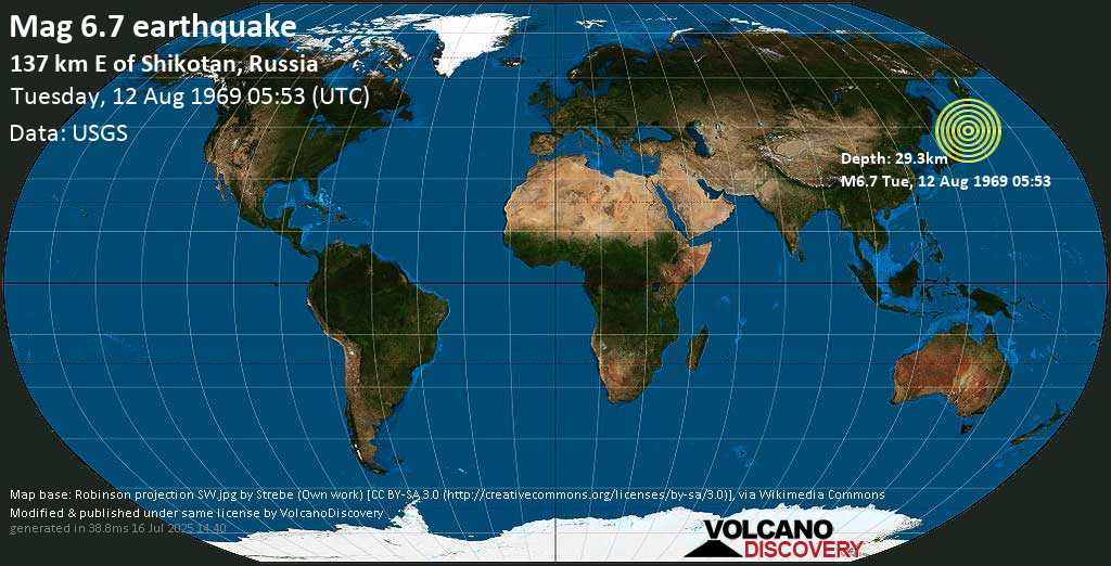 Very strong mag. 6.8 earthquake - 137 km east of Shikotan, Sakhalin Oblast, Russia, on Tuesday, August 12, 1969 at 05:53 GMT