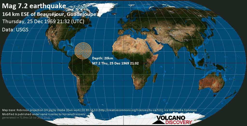 Major mag. 7.2 earthquake - East of Dominica, Leeward Islands (Guadeloupe), on Thursday, 25 December 1969 at 21:32 (GMT)