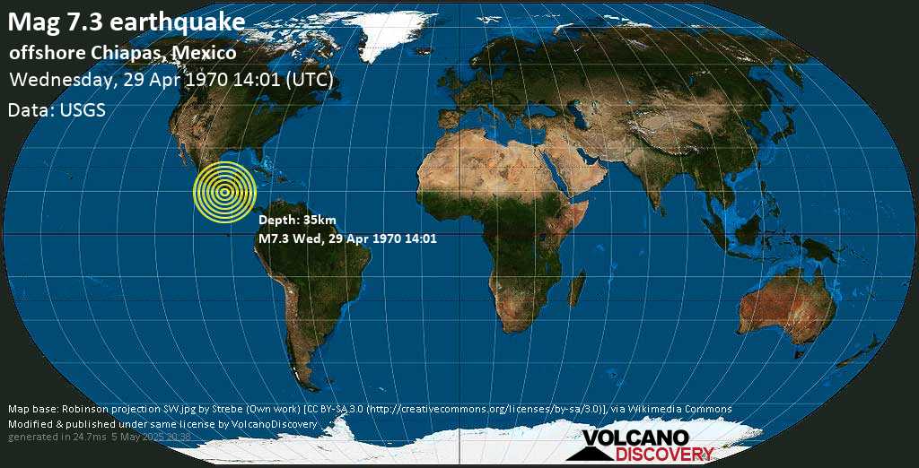 Major magnitude 7.3 earthquake - 60 km southwest of Tapachula de Cordova y Ordoñez, Chiapas, Mexico, on Wednesday, April 29, 1970 at 14:01 GMT