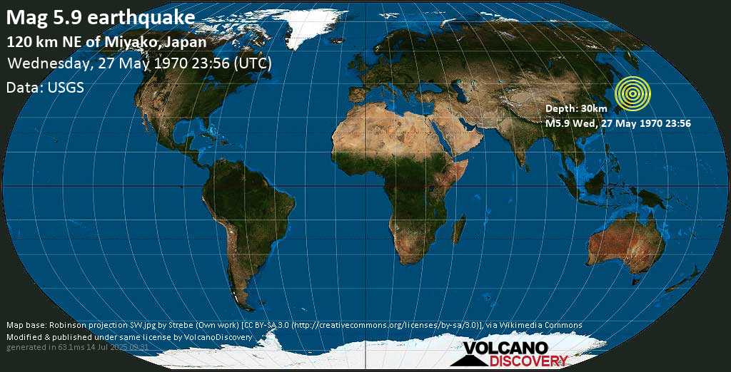 Strong mag. 6.0 earthquake - Off the East Coast of Honshu, Japan, on Wednesday, 27 May 1970 at 23:56 (GMT)