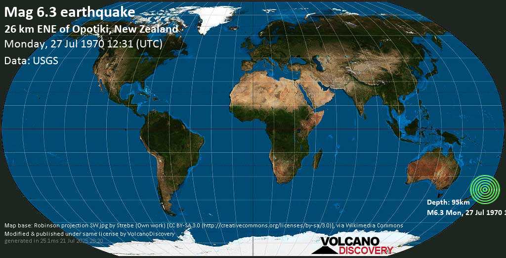 Strong mag. 6.3 earthquake - South Pacific Ocean, 50 km east of Whakatane, Bay of Plenty, New Zealand, on Monday, July 27, 1970 at 12:31 (GMT)