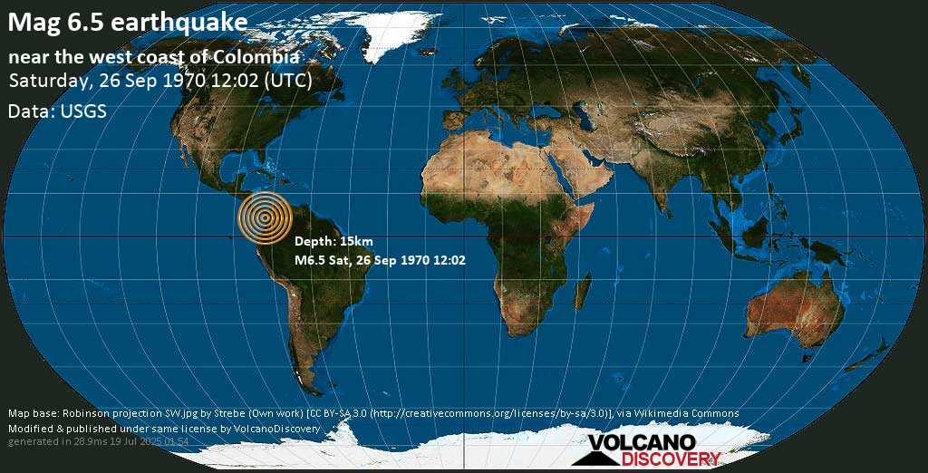 Very strong mag. 6.6 earthquake - North Pacific Ocean, 109 km northwest of Quibdo, Colombia, on Saturday, 26 September 1970 at 12:02 (GMT)