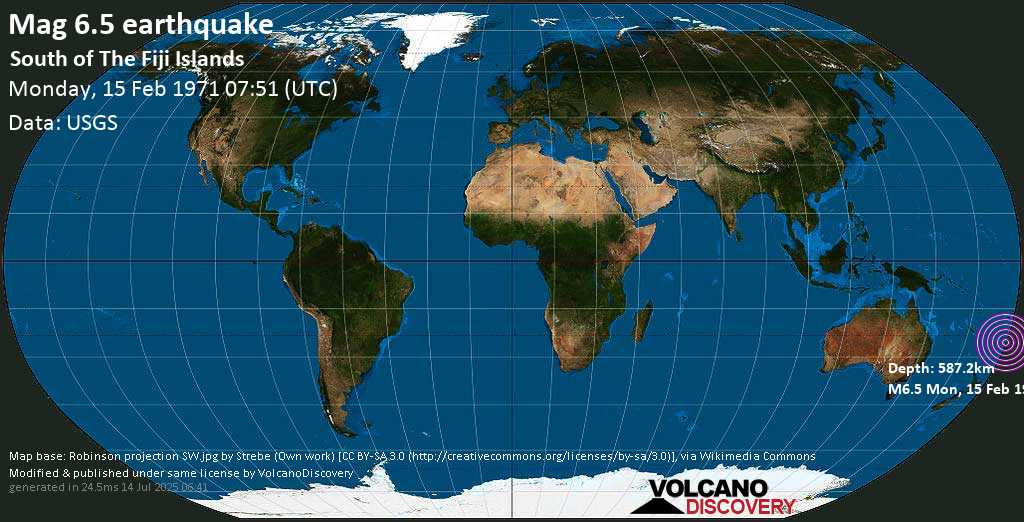 Strong mag. 6.5 earthquake - South of the Fiji Islands on Monday, 15 February 1971 at 07:51 (GMT)