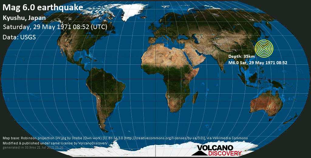 Strong mag. 6.0 earthquake - Kyushu, Japan on Saturday, 29 May 1971