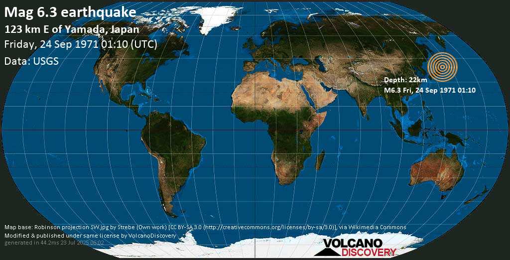 Strong mag. 6.4 earthquake - Off the East Coast of Honshu, Japan on Friday, 24 September 1971